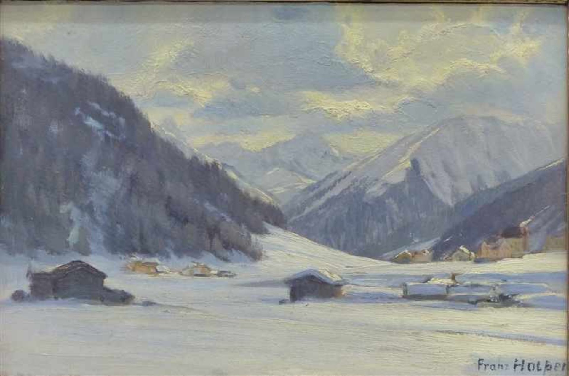 Holper, Franz 1862 Meiningen - 1935 Großkarolinenfeld, Öl auf Malerpappe, "Verschneites Tal, im