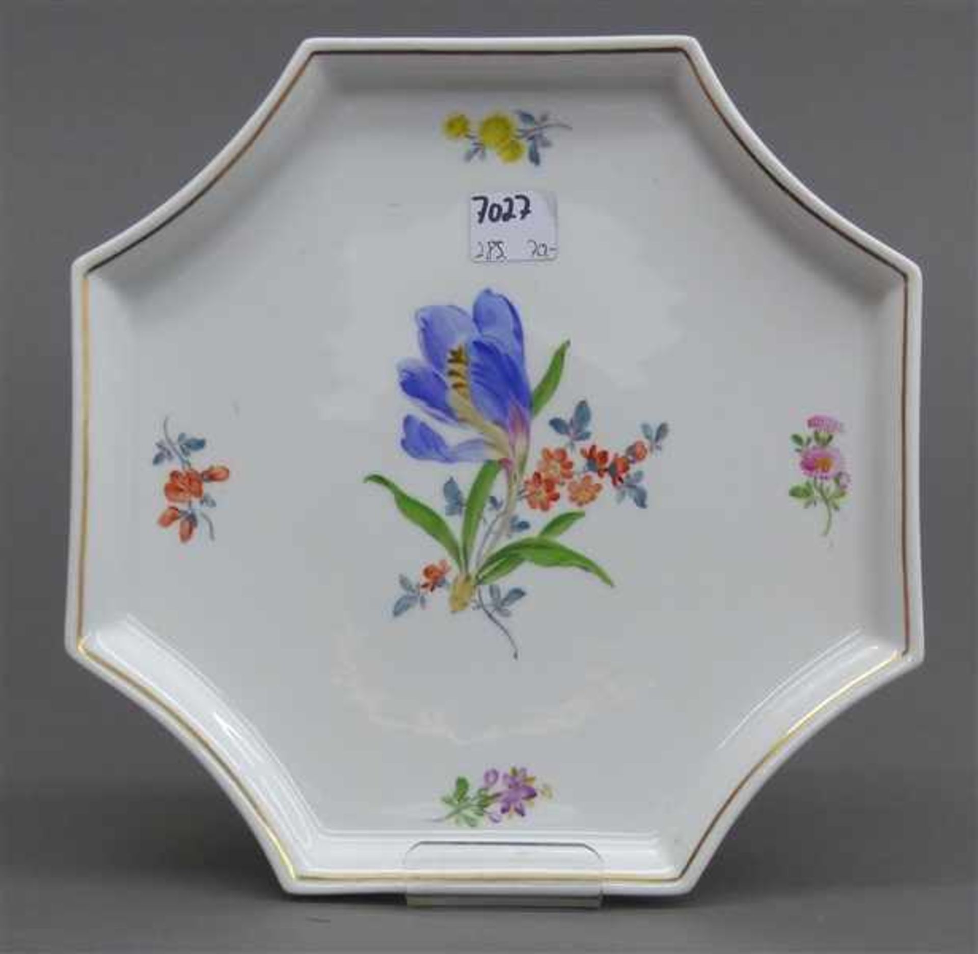 Porzellantablettachteckig, floral bemalt, Goldrand, blaue Schwertermarke, Manufaktur Meissen, 1.