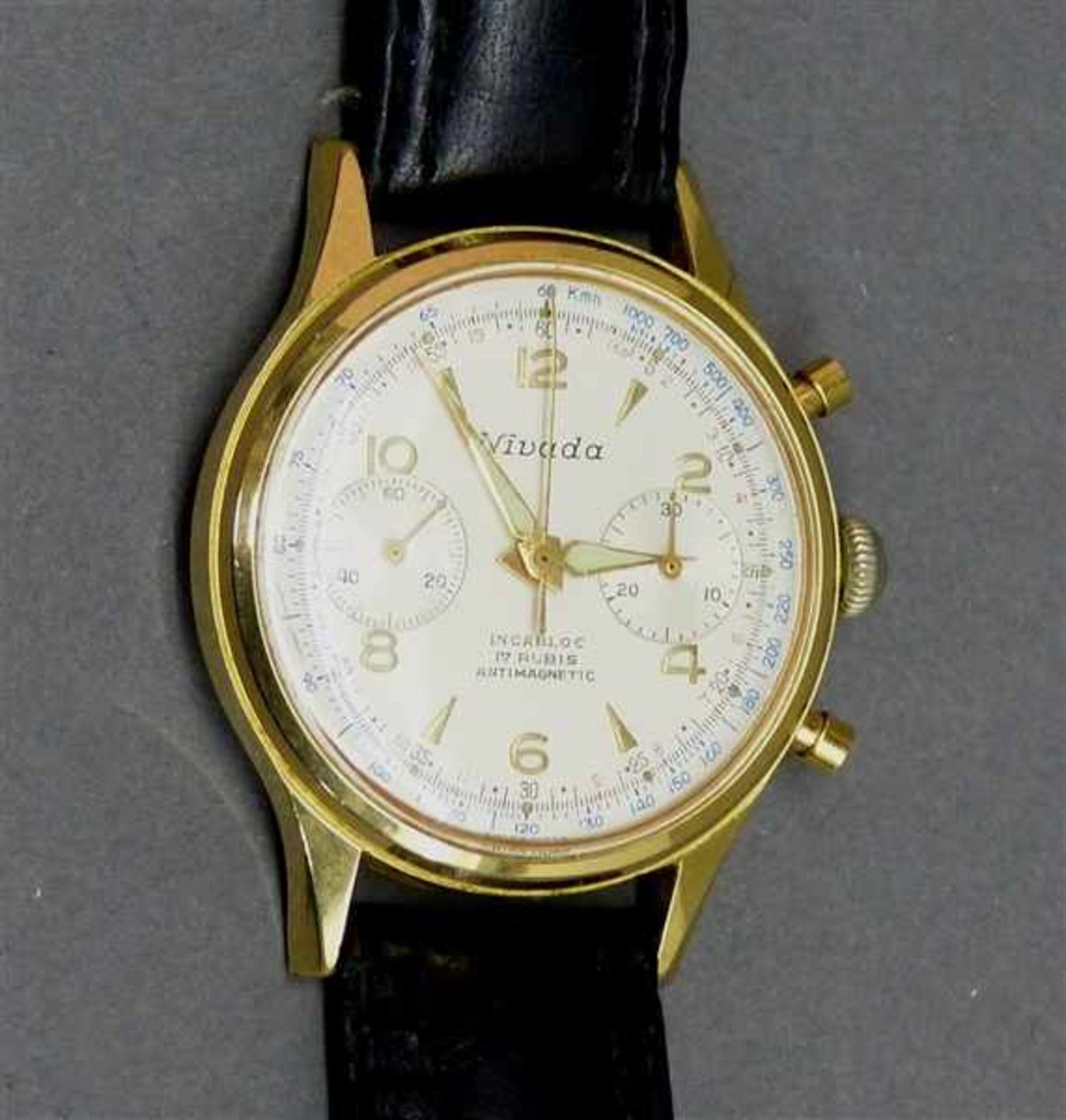 Armbanduhr VintageMetall, vergoldet, "Nivada", Automatik, Chronograph, um 1960, No. 351,