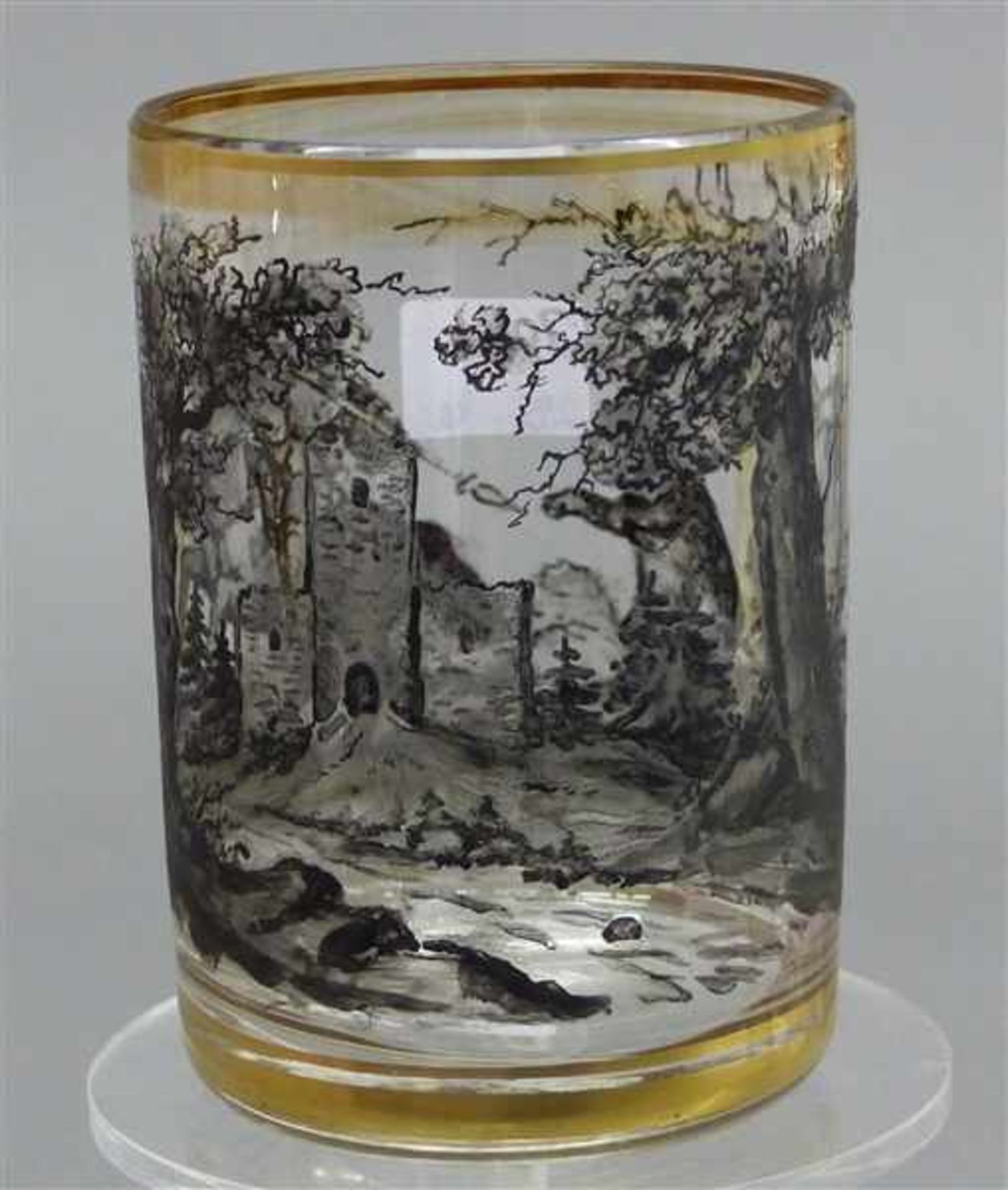 Glasbecherschwarzer Landschafts- und Jagddekor, Goldrand, um 1920, h 11 cm,