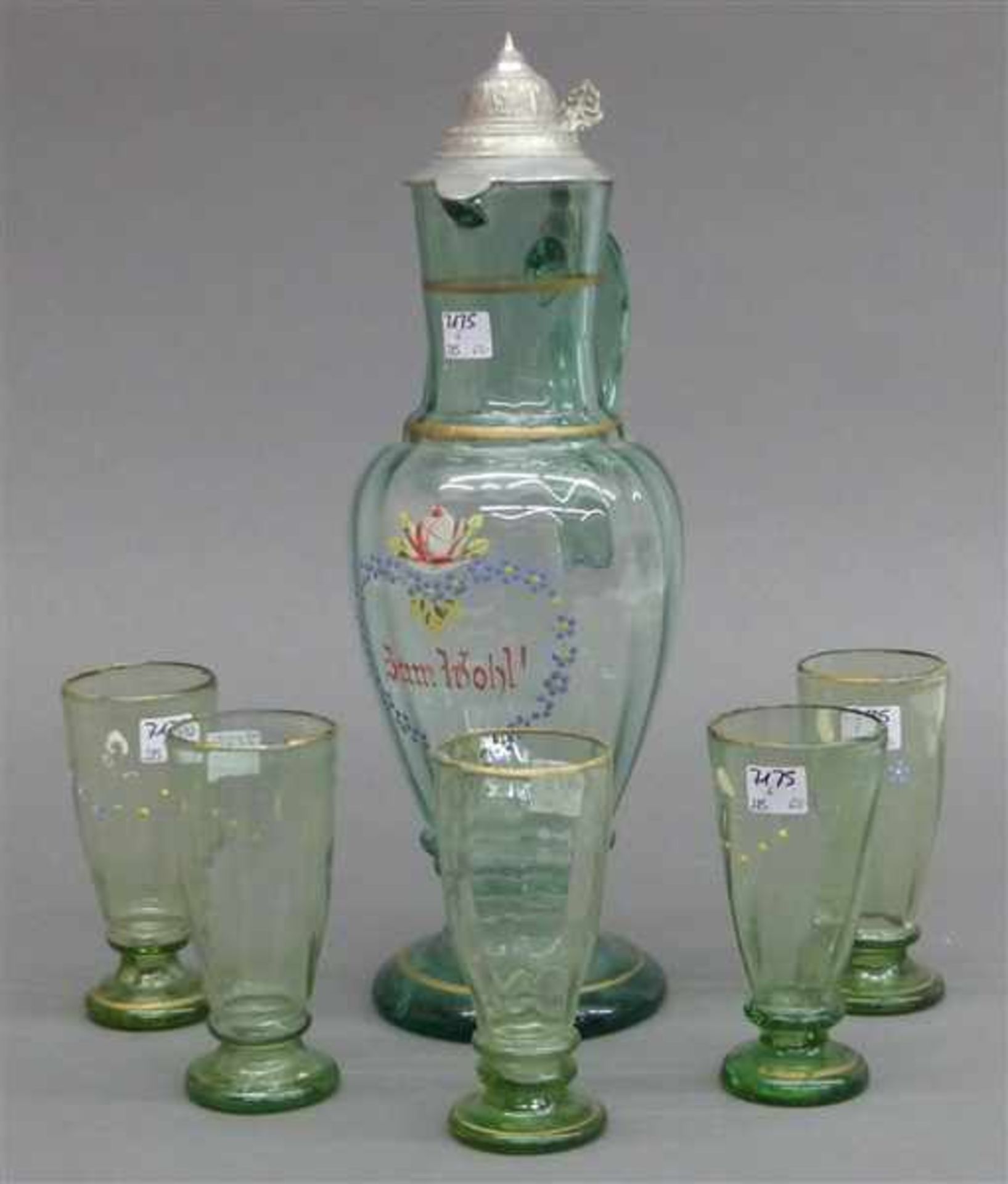 Saftkanne mit 5 Gläsernhellblau, um 1900, floraler Dekor, Schriftzug "zum Wohl", teilweise berieben,