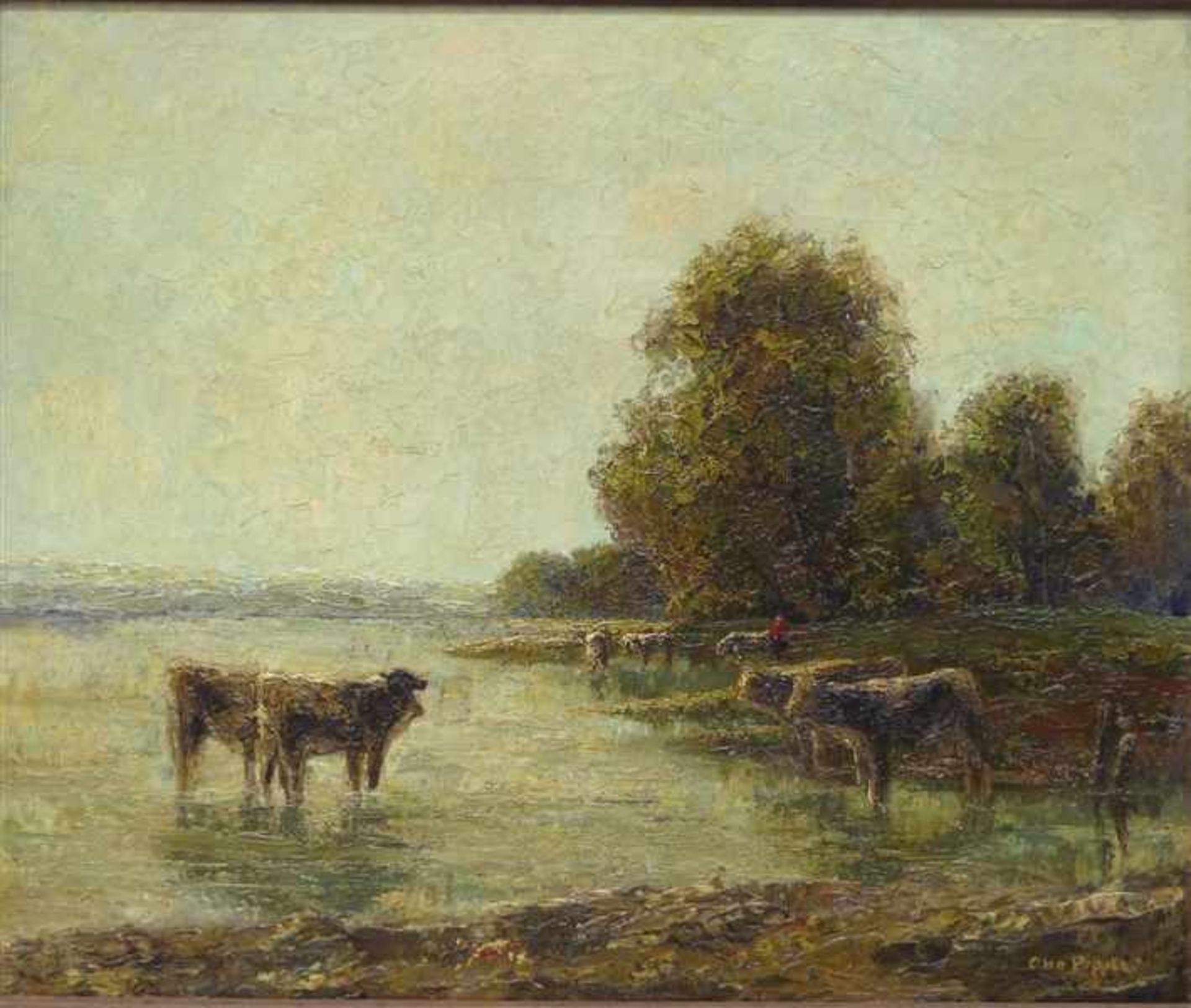 Pippel, Otto Eduard1878 Lodz - 1960 Planegg/München, Öl auf Malerpappe, "Sommerlandschaft, Kühe am