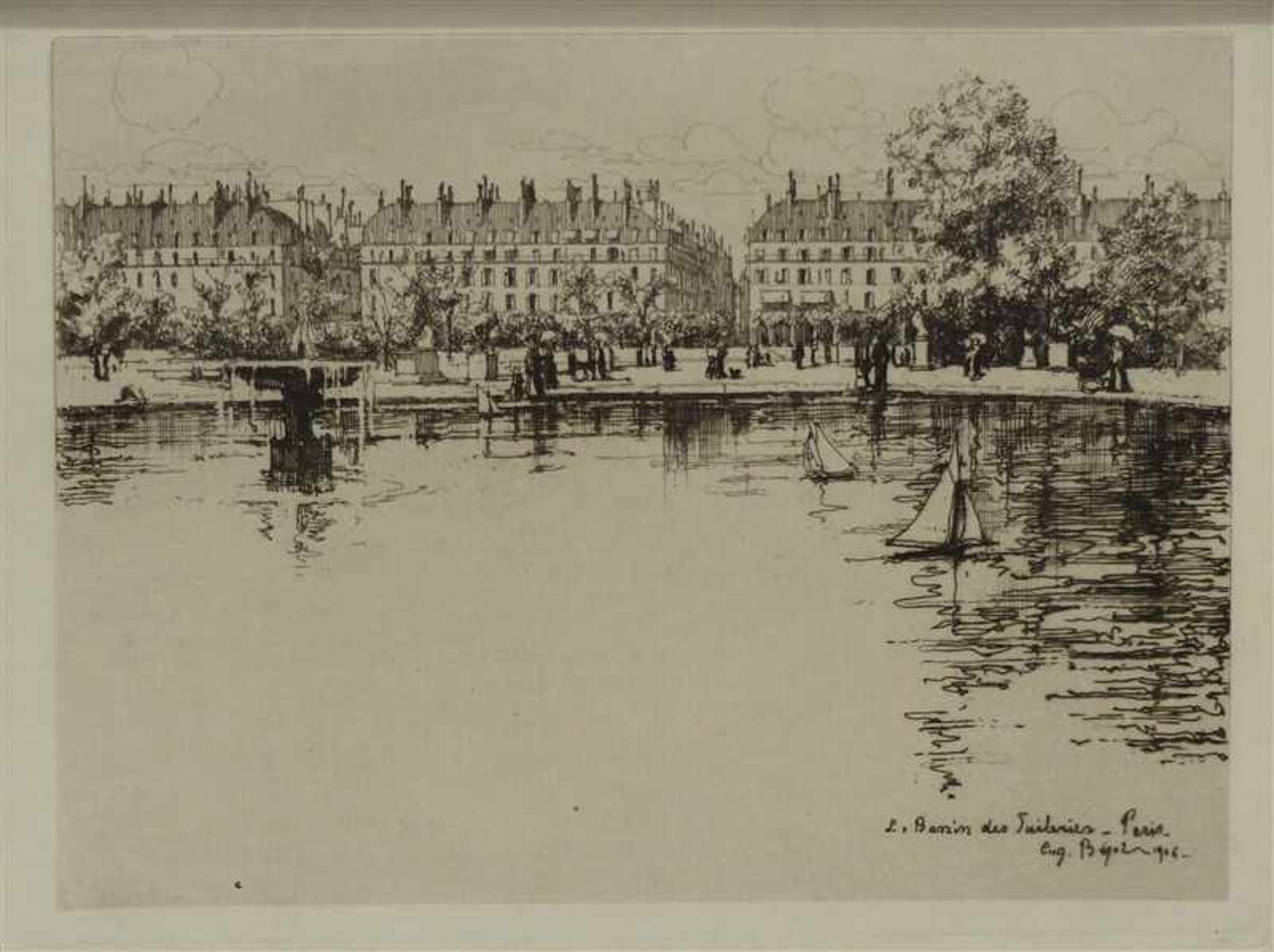 Radierungvon Eugene Bejot, 1867 - 1931 Paris, "Bassin des Tuileries", Paris, in der Platte signiert,