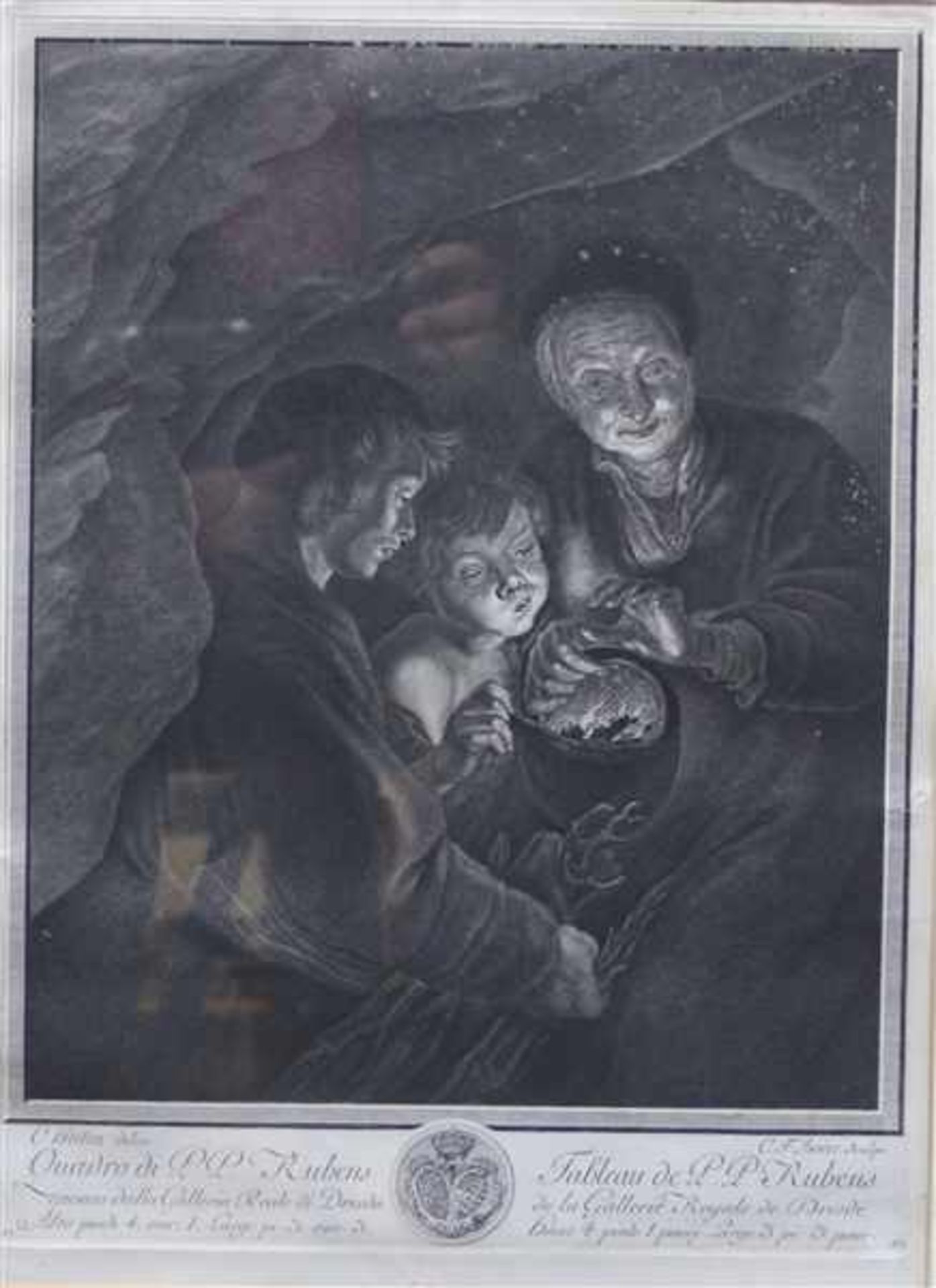 KupferstichFamilie am offenen Feuer, Gemälde von Rubens, Original im Dresdner Zwinger, 46x33 cm,