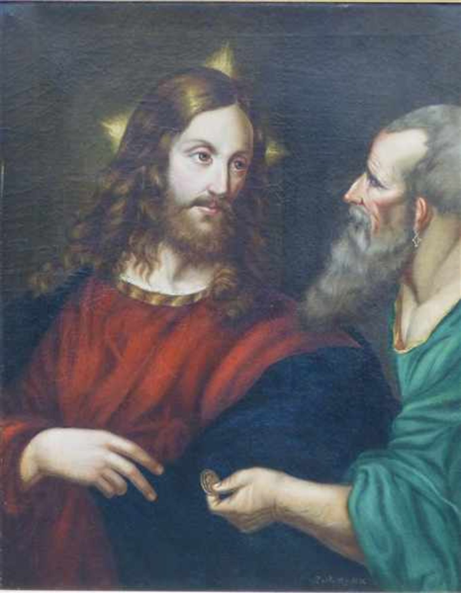 Heiligenmalerei, 1671Öl auf Leinen, doubliert, Jesus mit einem seiner Apostel, rechts unten