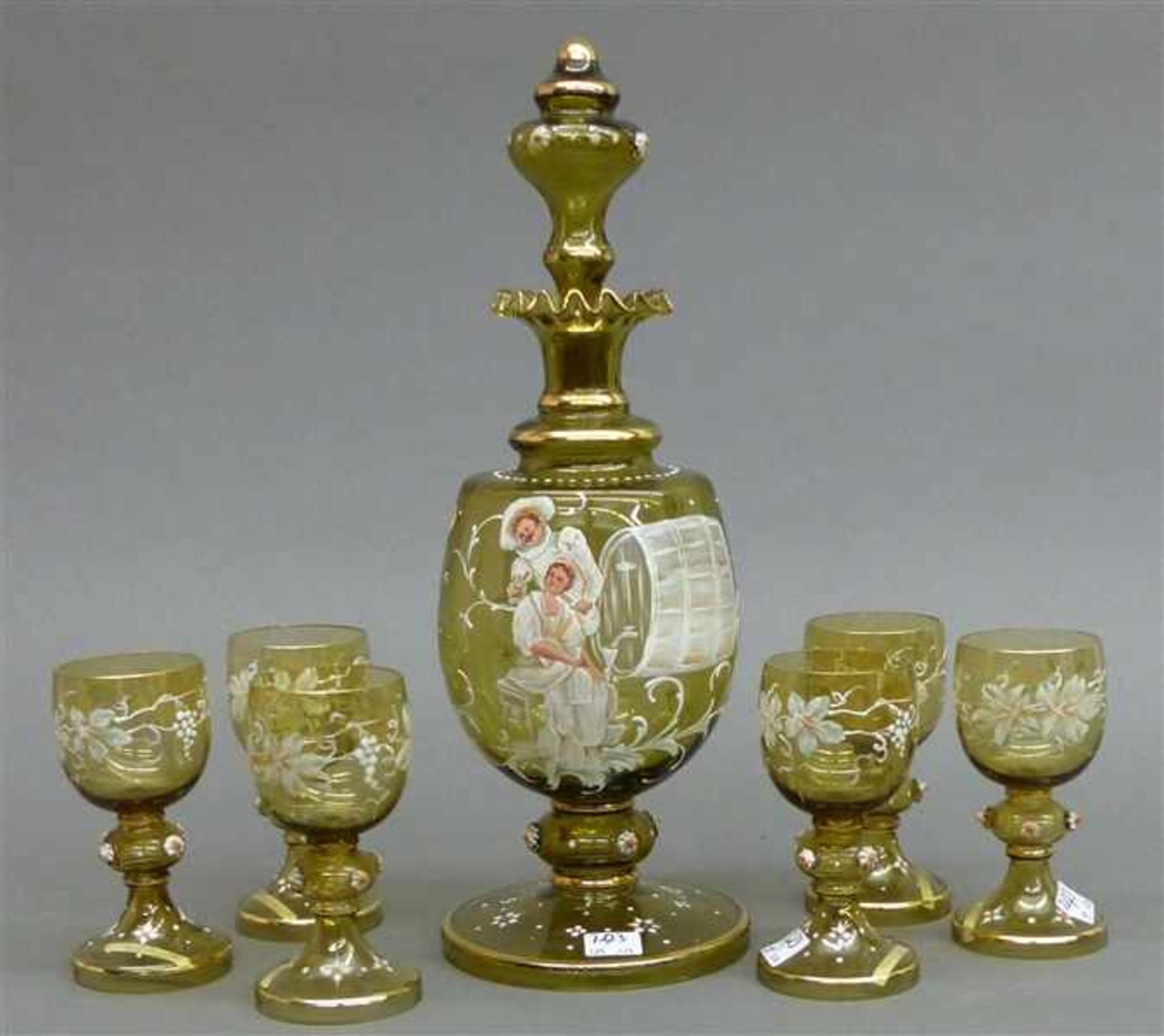 Trinkgarniturbernsteinfarbenes Glas, Karaffe mit 5 Gläsern, bemalt, Deutsch um 1880, Karaffe sehr