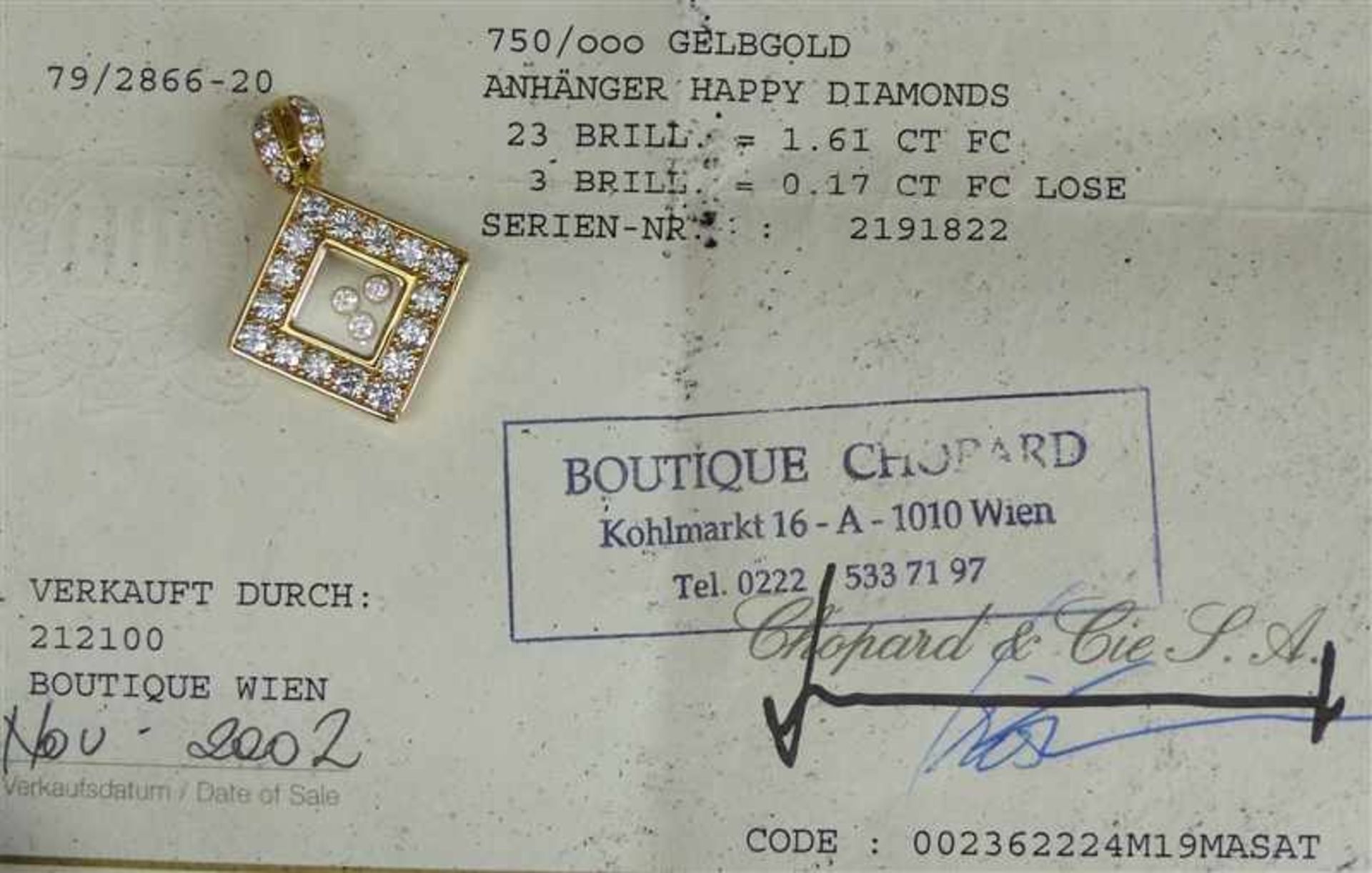 Chopard-Anhänger18 kt. Gelbgold, "Happy Diamonds", Rombenform, mit 23 Brillanten zusammen ca 0,17 - Bild 3 aus 4