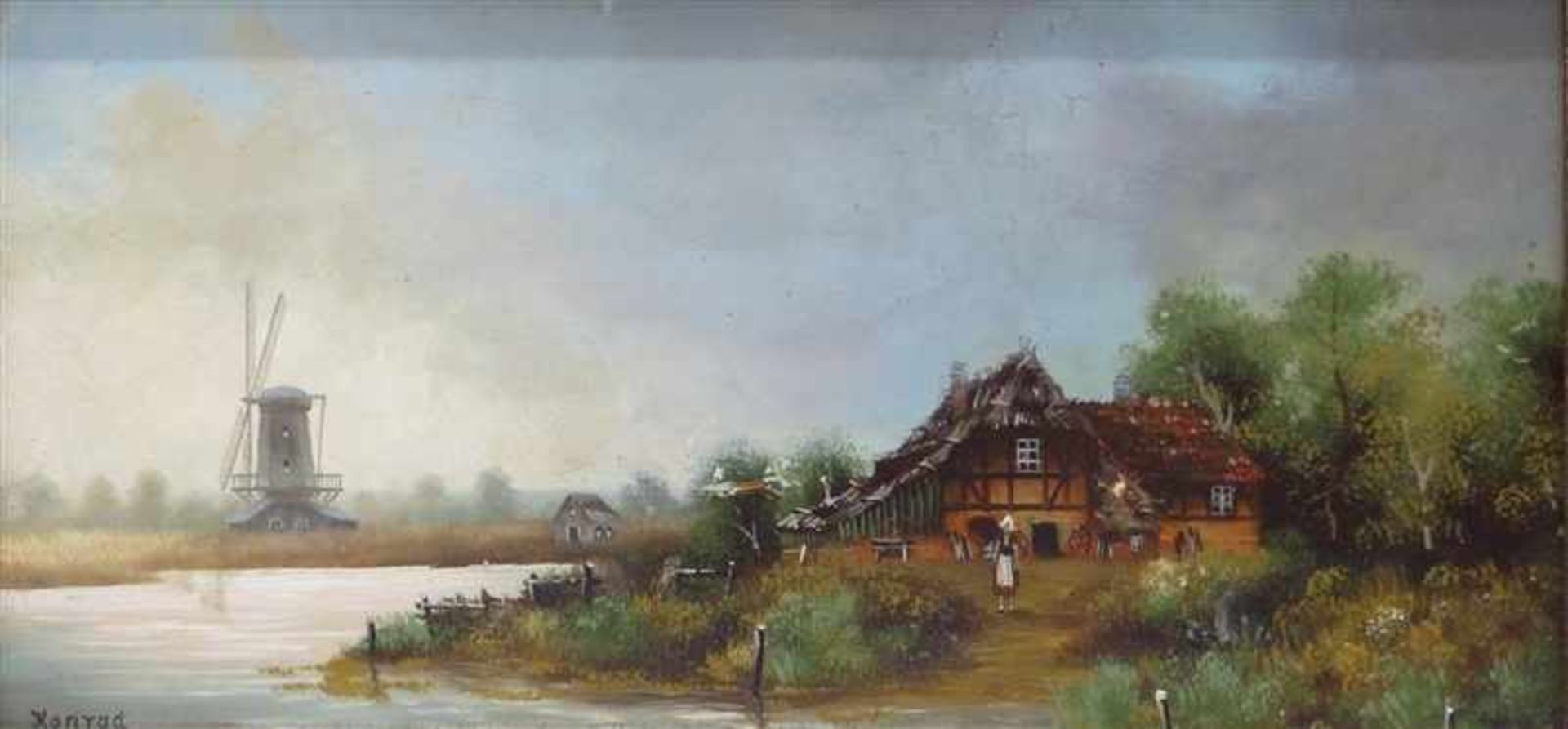 Konrad, Otto1924 - 1970, Öl auf Holz, holländische Flusslandschaft mit Bauernhaus und Windmühle,