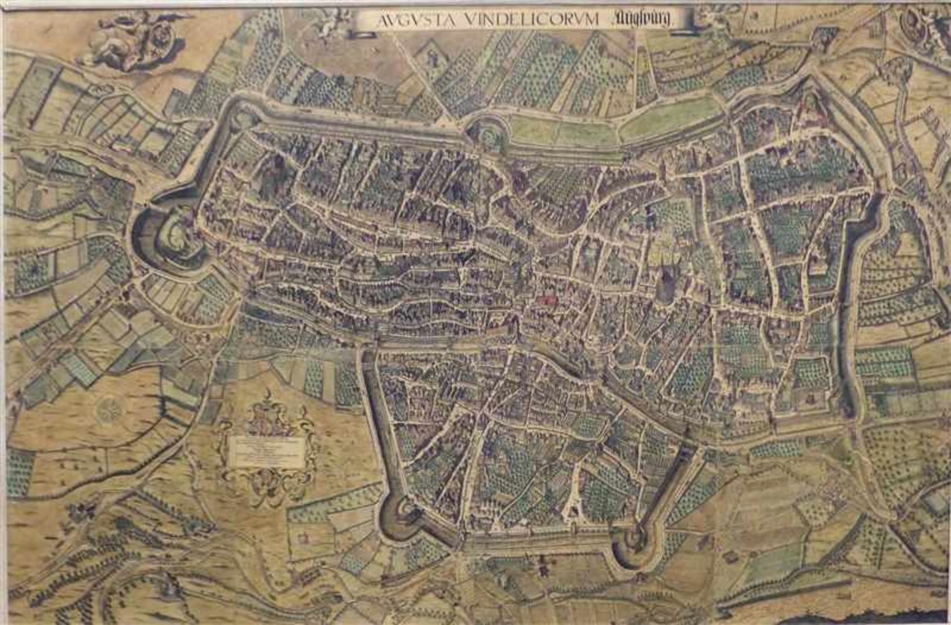 StadtplanAugsburg, "Augusta Vindelicorum", von Kilian, Nachdruck, Mitte 20. Jh., coloriert, 98x148