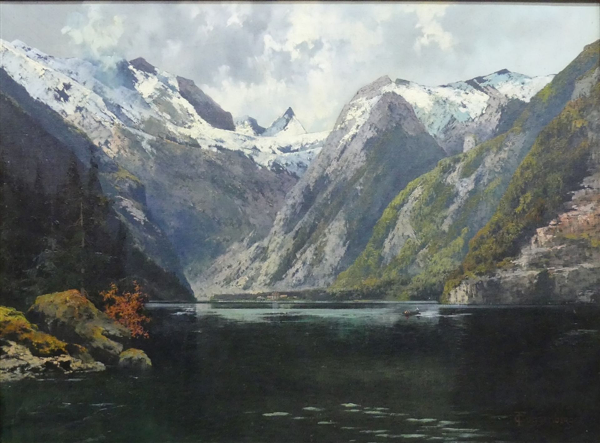 Guggenberger, Theodor1866 - 1920 München, Öl auf Leinen, "Gebirgslandschaft mit einem Bergsee",