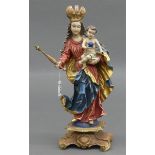 SchnitzarbeitHolz, bemalt, "gekrönte Mutter Gottes mit Jesuskind", teilvergoldet, wohl Grödnertal,