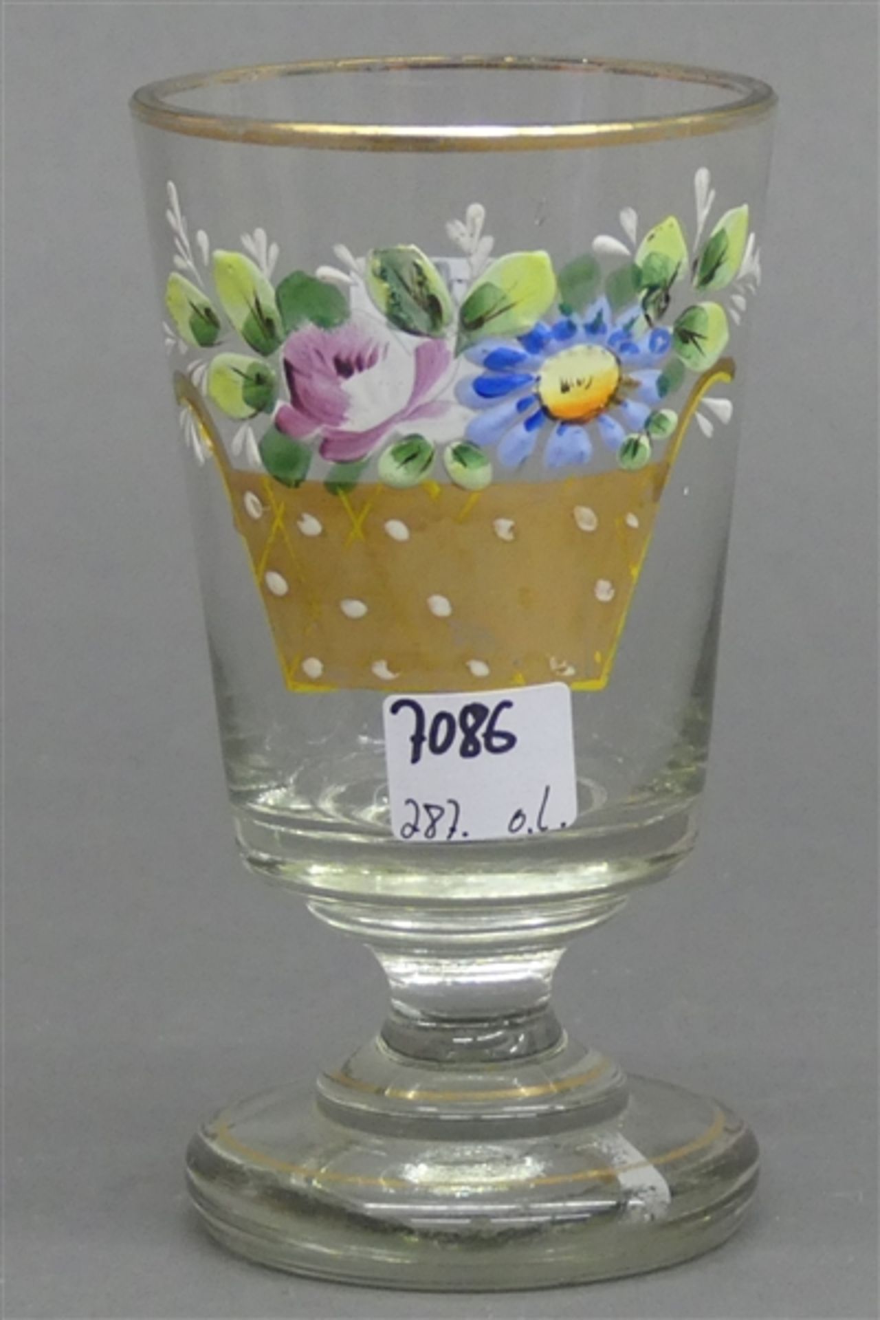 Glasbechergefußt, farblos, floral bemalt, Golddekor, um 1950, h 14 cm,