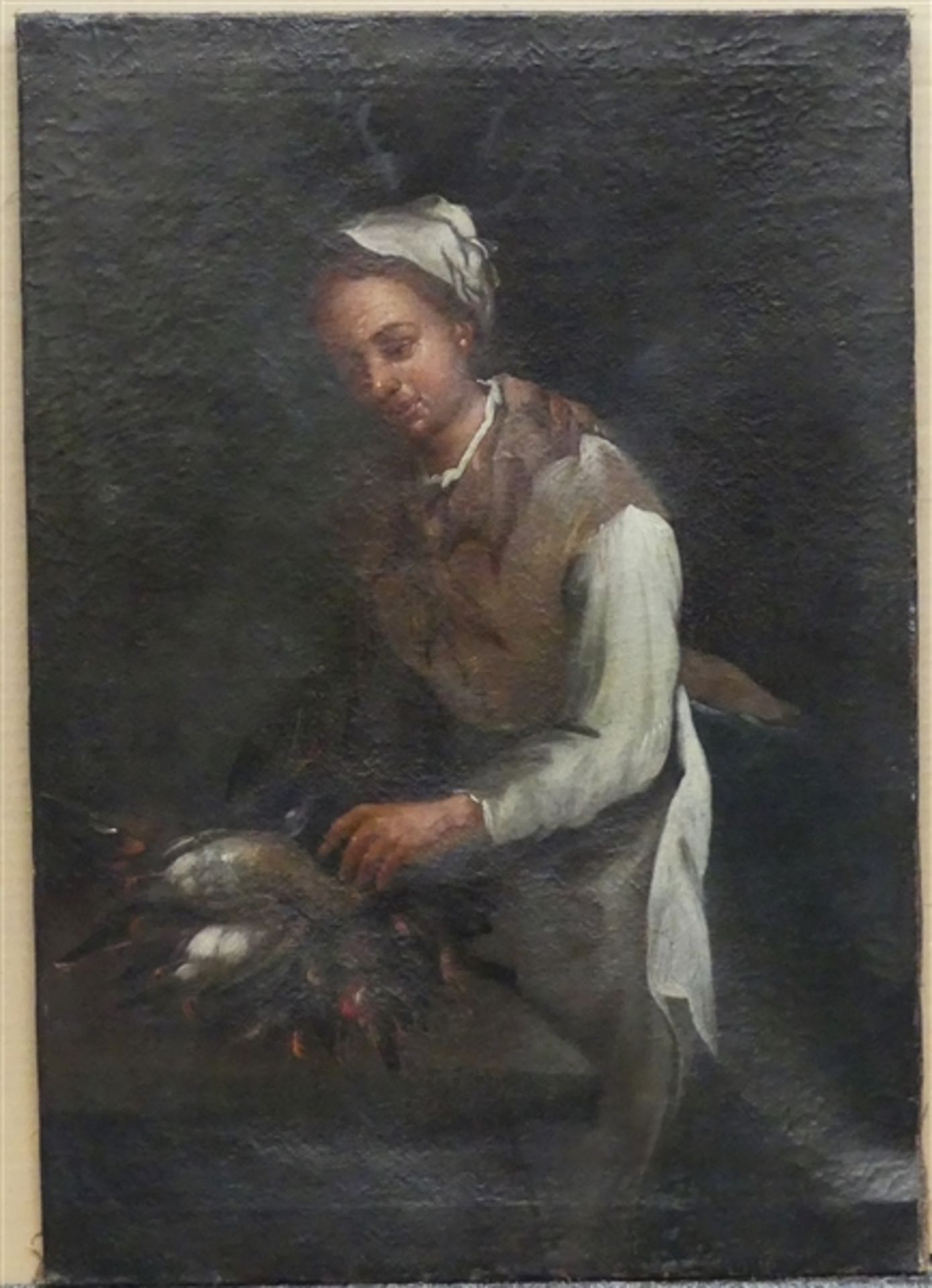 Holland, 18. Jh.Magd am Küchentisch mit verschiedenen Vögeln, doubliert, 62x43 cm,