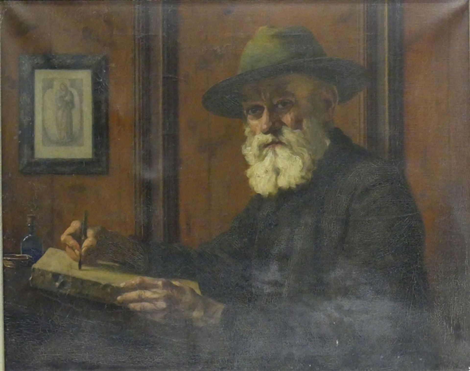 Deutsch, 19. Jh.Öl auf Leinen, alter Mann mit Bart am Steinblock, rückseitig betitelt "Der