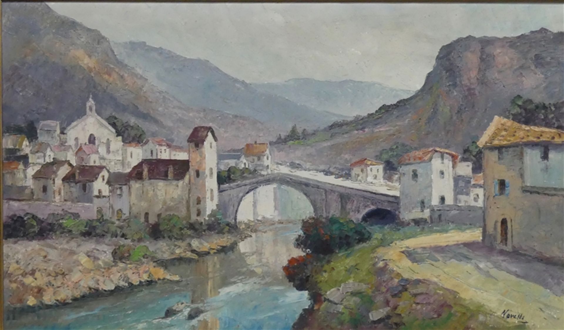NarettiÖl auf Leinen, Ansicht eines italienischen Bergdorfes mit Brücke und Fluß, rechts unten