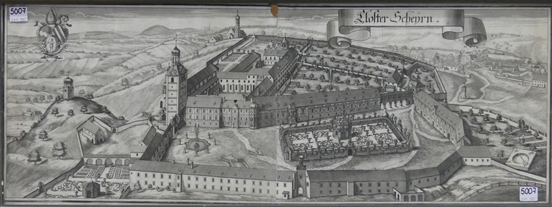 Kupferstich17./18. Jh., Ansicht von Kloster Scheyern, mit Kompass und Wappen, 25x70 cm, im Rahmen,