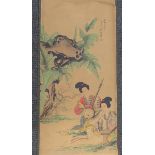 RollbildChina, musizierende Geishas in Landschaft, signiert, 20. Jh., 150x66 cm,