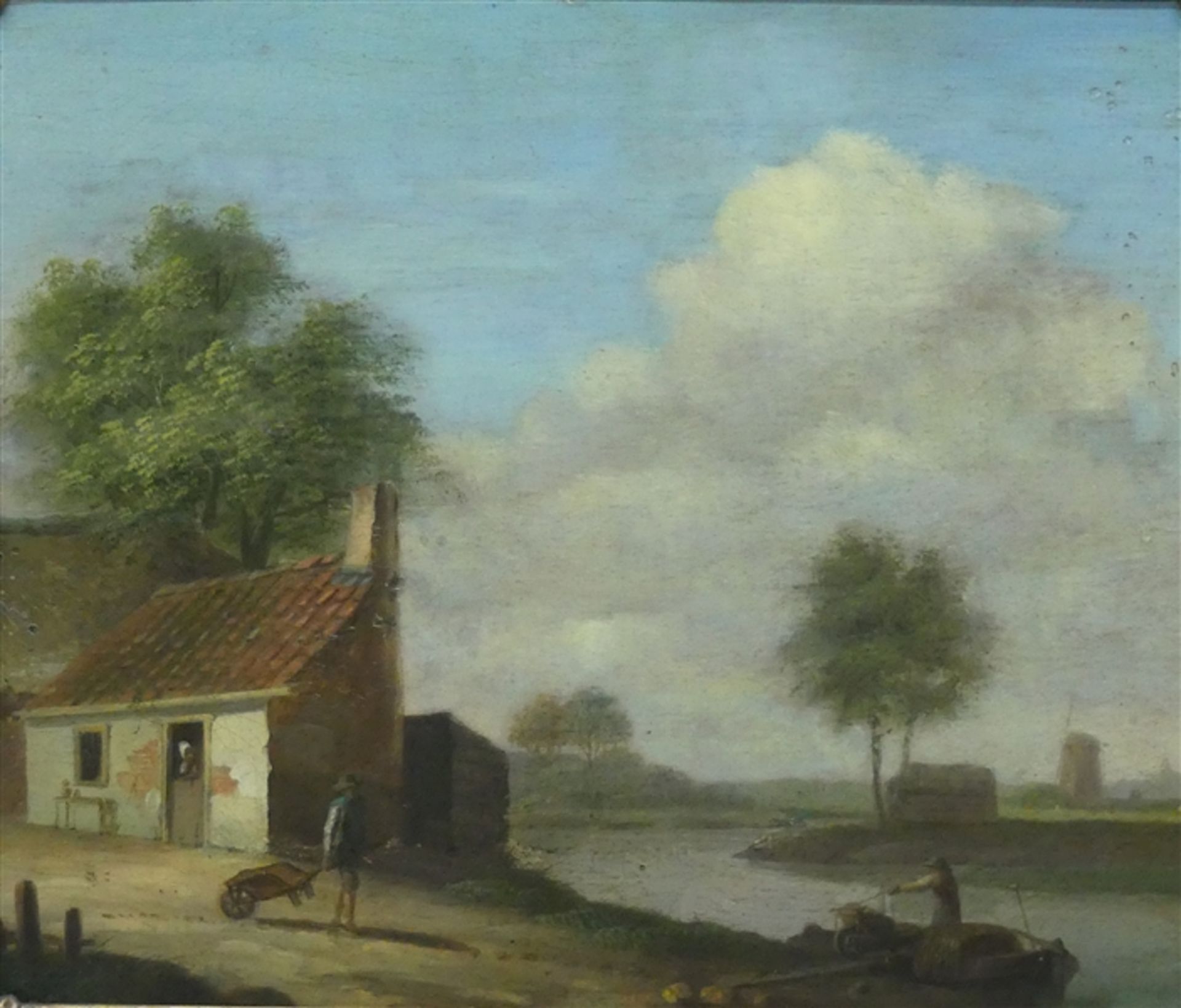 Holland, um 1800Öl auf Holz, Flußlandschaft mit Boot, im Vordergrund ein Bauernhaus mit Bauer und