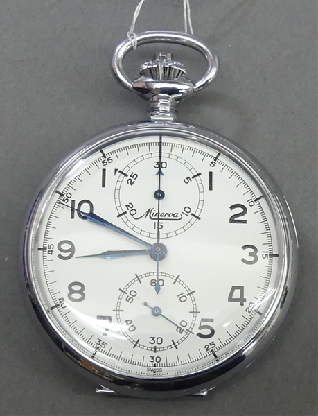 Taschenuhr mit StopperMetallgehäuse, "Minerva", Ankerwerk mit Kronenaufzug, weisses Zifferblatt