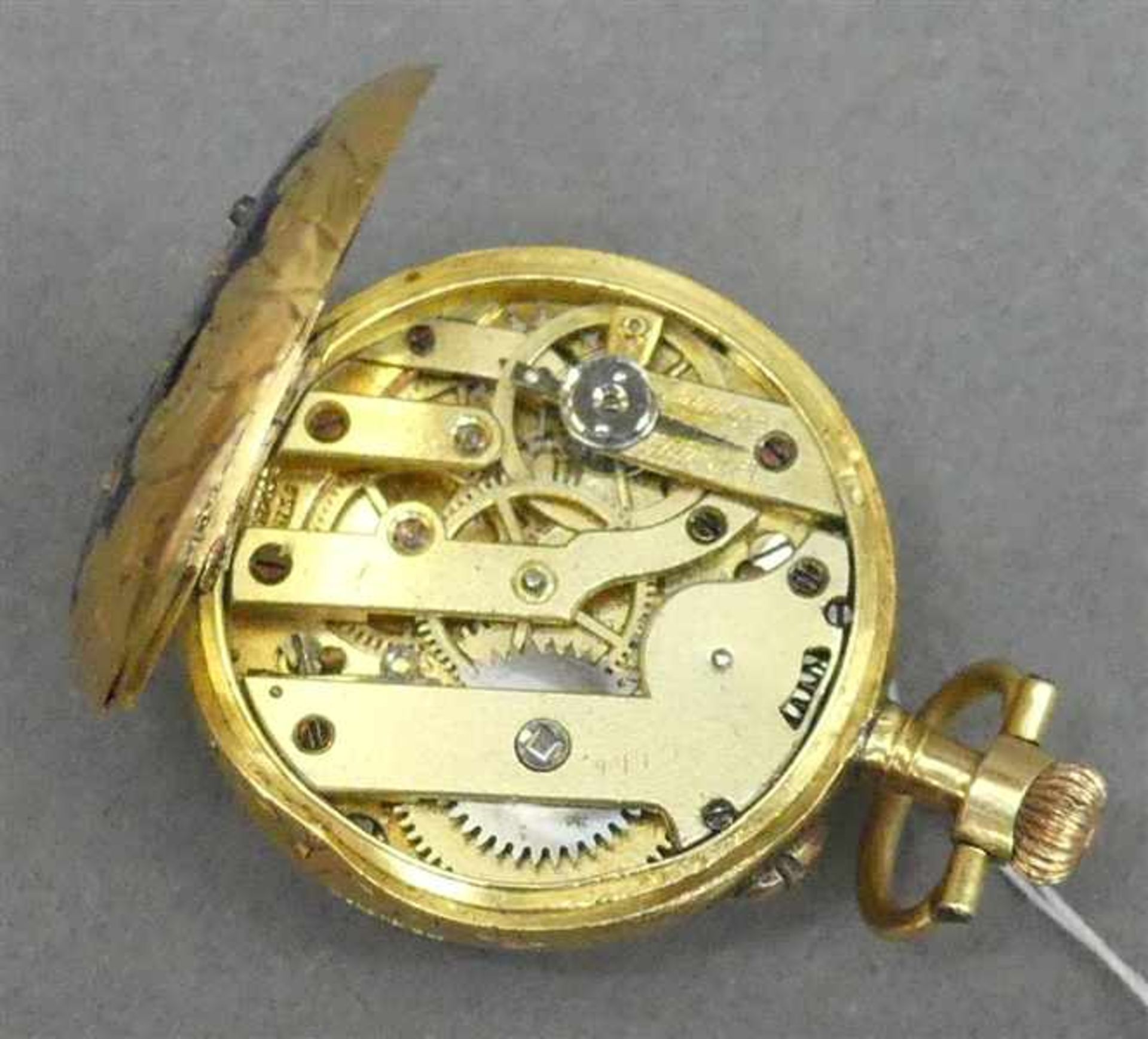 Damenhängeuhr14 kt. Gelbgold, Staubschutzdeckel Metall, weißes Emailzifferblatt, Rückdeckel - Image 3 of 3