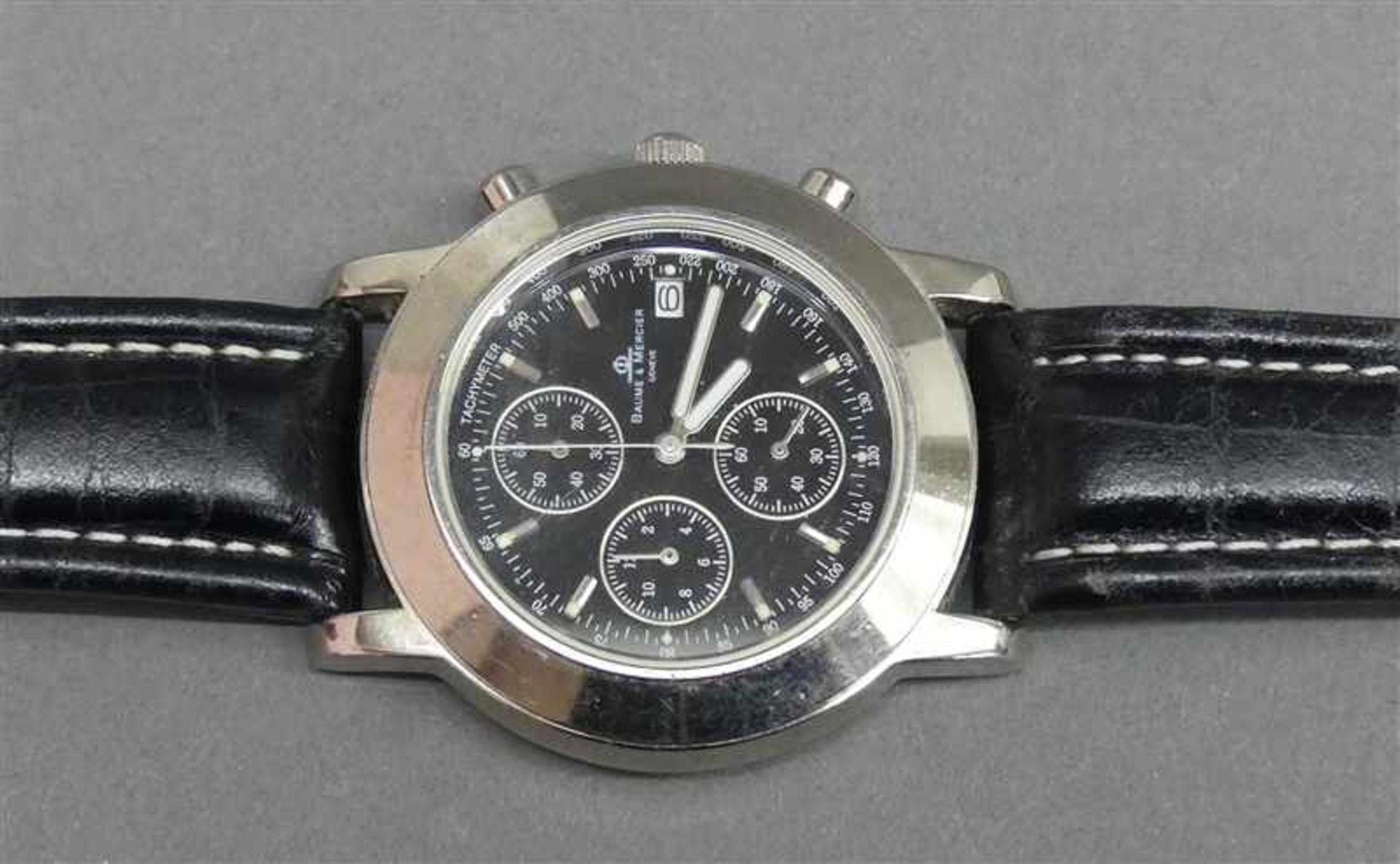 HerrenarmbanduhrStahl, "Baume Mercier", Chronograph, Quarzwerk, Datum, schwarzes Zifferblatt, 3