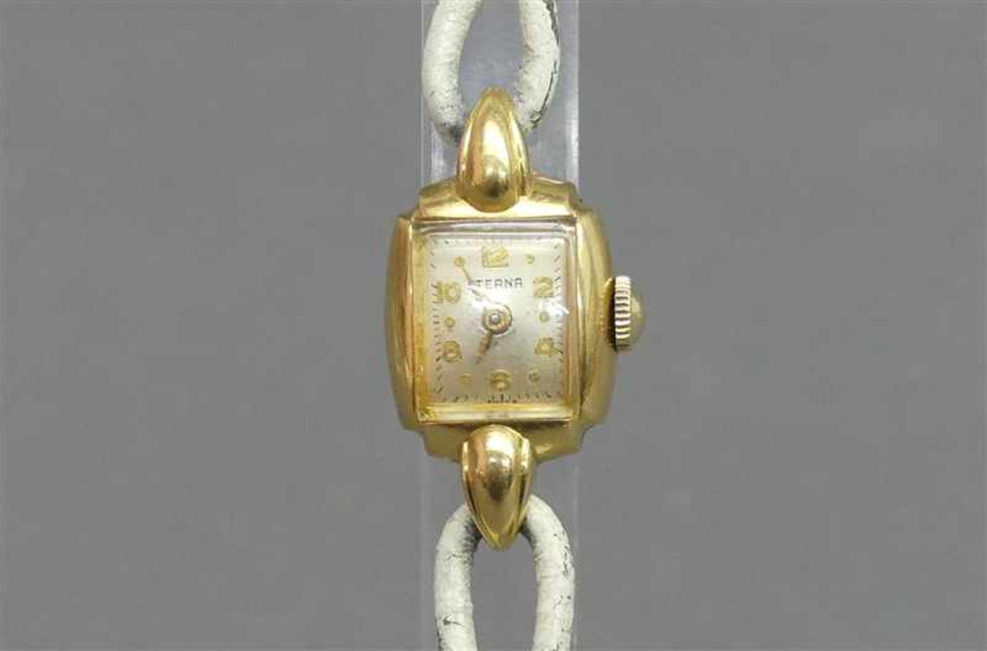 Damenarmbanduhr, Vintage18 kt. Gelbgold, "Eterna", Handaufzug, weißes Zifferblatt, aufgesetzte