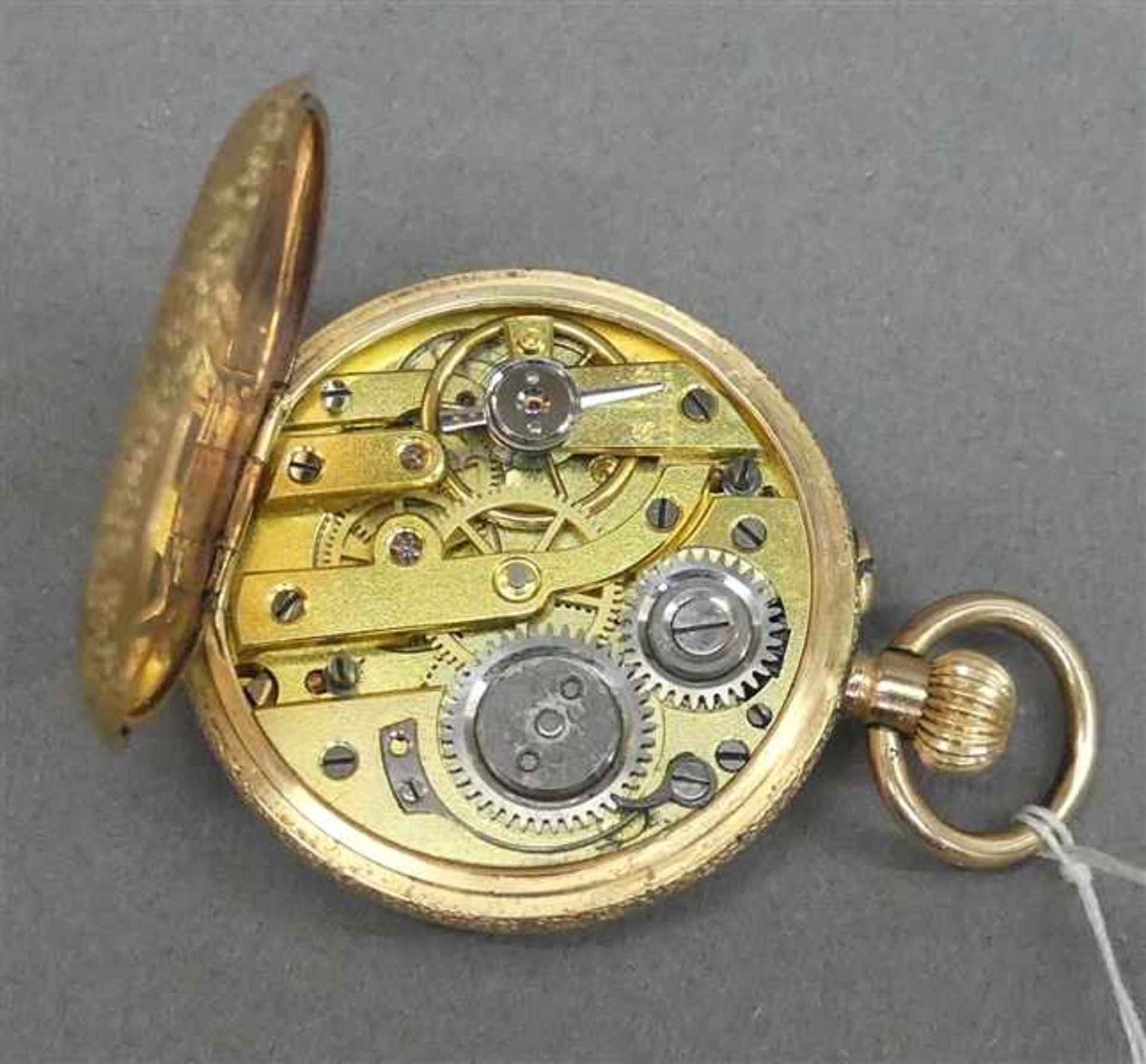 Damenhängeuhr14 kt. Gelbgold, Staubschutzdeckel Metall, gravierte Monogrammkartusche, weißes - Image 3 of 3