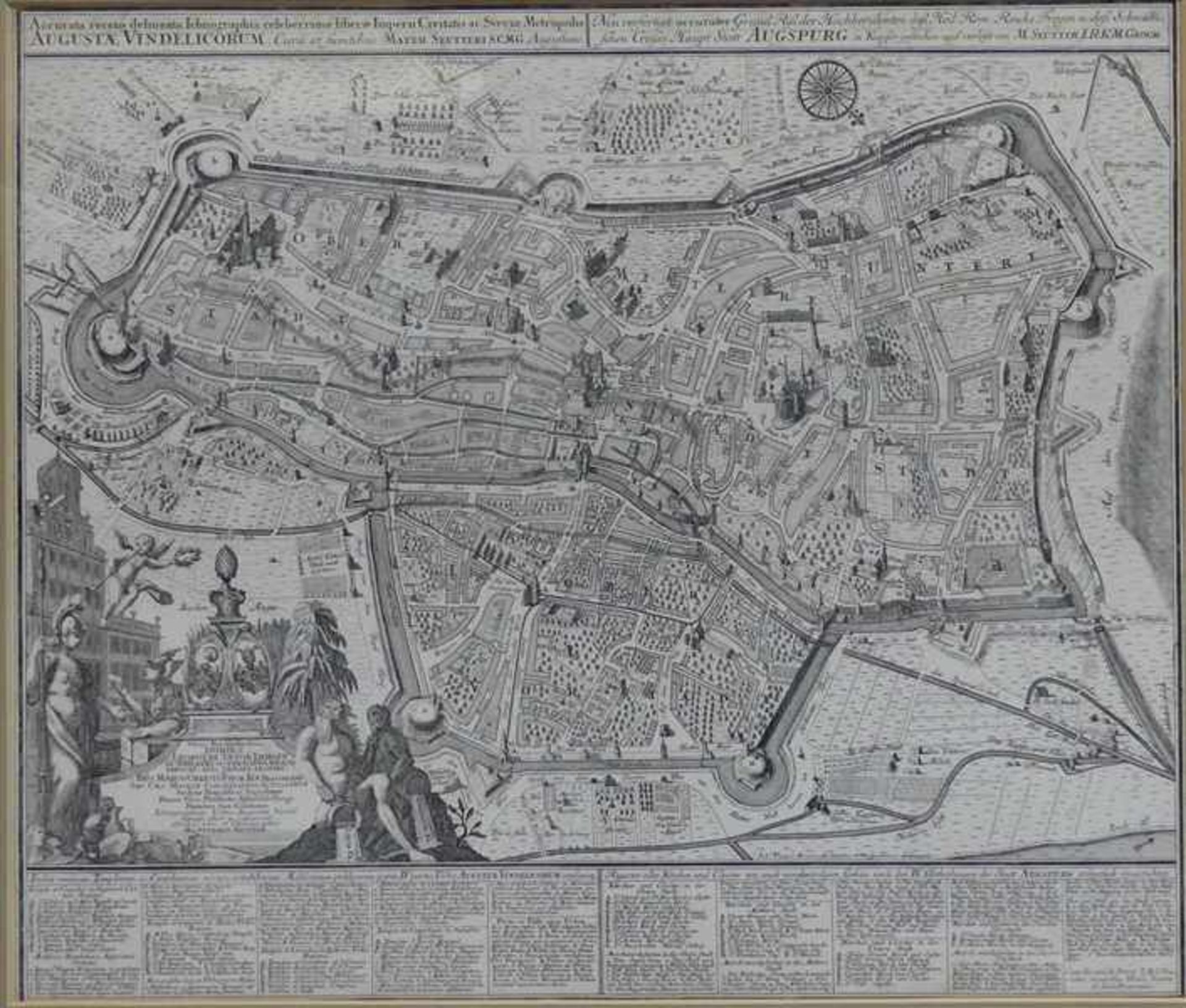 Kupferstichgroßformatiger Plan der "Stadt Augspurg" von Matthias Seutter, mit Legende und