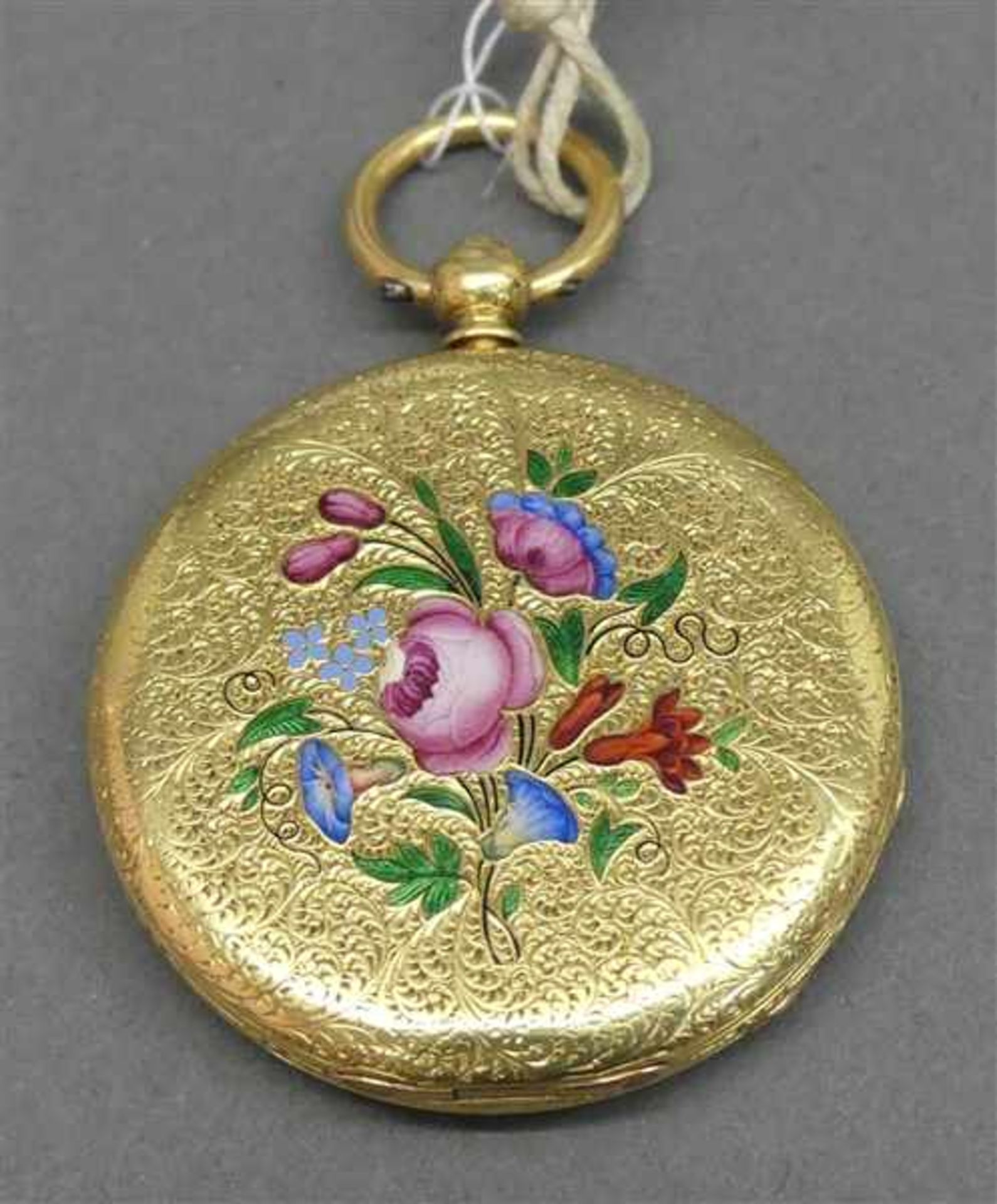 Taschenuhr18 kt. Rotgold, Viegres & Repingon, London, Schlüsselaufzug, graviertes Gehäuse, - Image 2 of 4