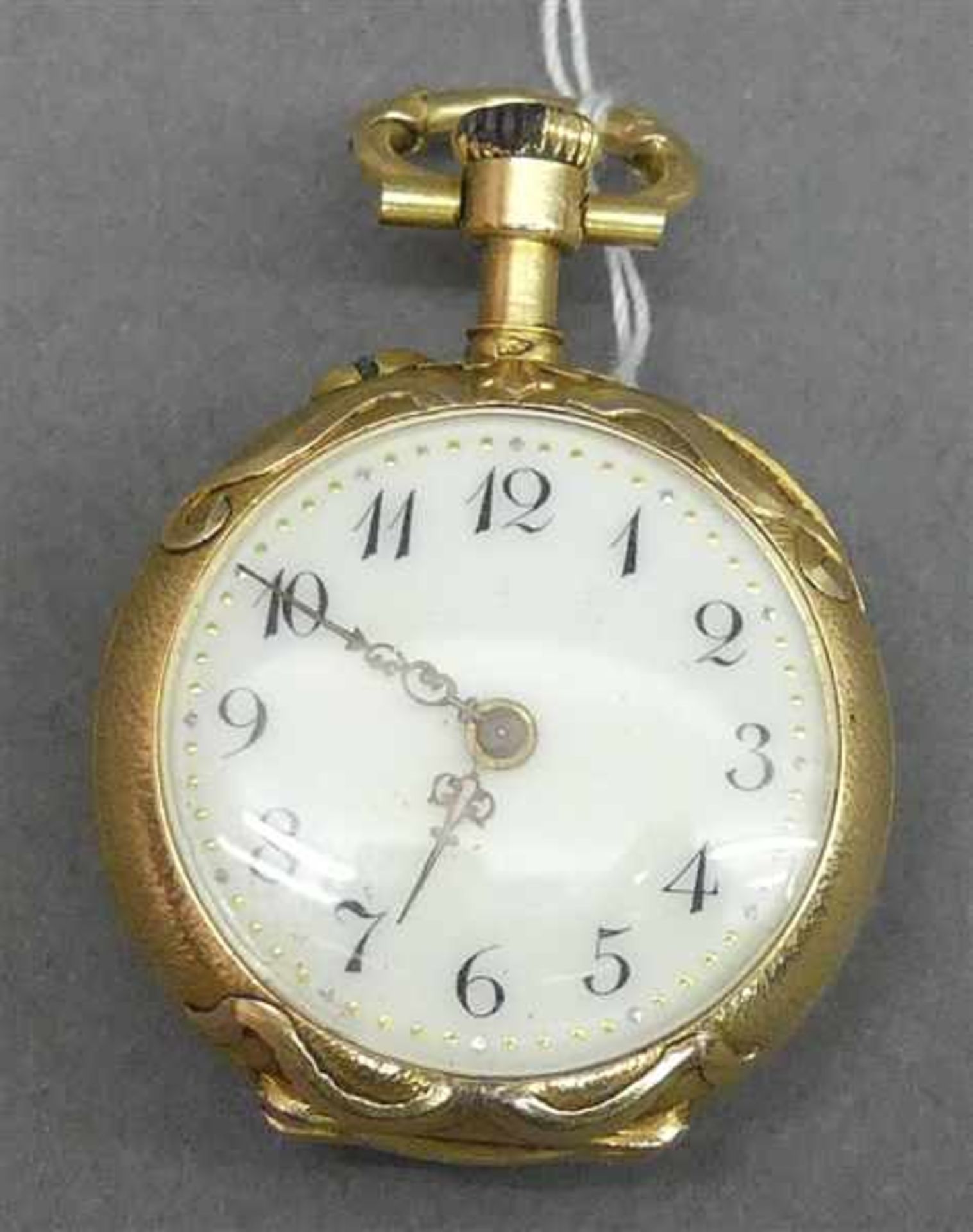 Damenhängeuhr14 kt. Gelbgold, Staubschutzdeckel Gold, weißes Emailzifferblatt, arabische Zahlen, - Image 2 of 3