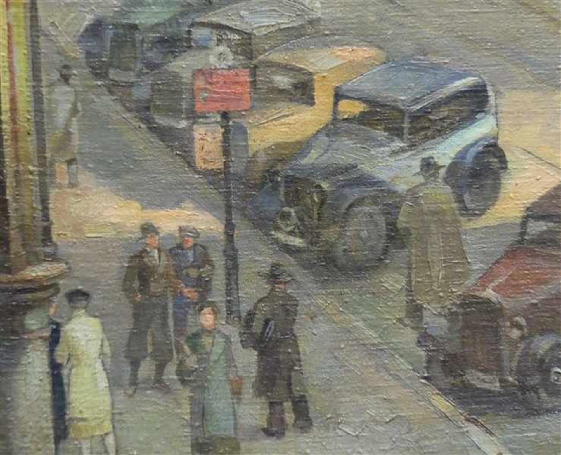 Hahn, E. 1936Öl auf Leinen, Darstellung des Münchner Marienplatzes mit Autos und Personen, rechts - Bild 4 aus 4