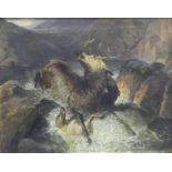 Jagdmaler, 19. Jh.Deutsch, gehetzter Hirsch mit 2 Hunden im Wasser, 34x42 cm, im Rahmen,- - -20.00 %