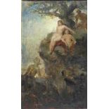 Deutsch, um 1900Öl auf Leinen, 2 Nackte und Satyr im Wald,55x30 cm,- - -20.00 % buyer's premium on