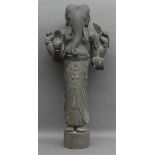 HolzskulpturIndien, 19. Jh., stehender Ganesha mit Kugel und Zepter auf Holzsockel, beschädigt, h 78