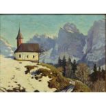 Voginauer, A.Öl auf Leinen, "Winterliche Gebirgslandschaft mit einer Kapelle", rechts unten