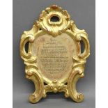 Altartafel, 19. Jh.Holz, geschnitzt, vergoldet, lateinisch beschriftet "Sacredos", teilweise