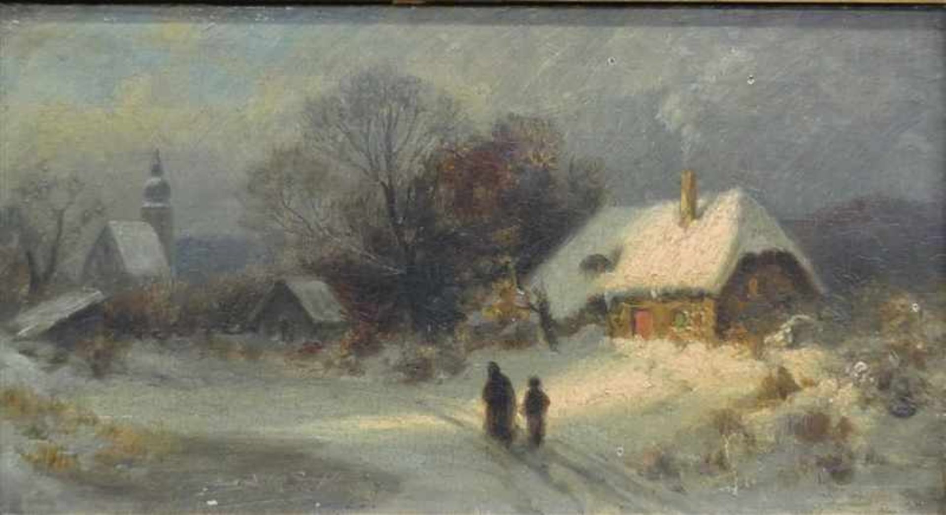 Splitgerber, August, zugeschrieben, Öl auf Holz, "abendliche Winterlandschaft", Bauernhaus mit