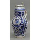 SteinzeugkanneWesterwald, 19. Jh., grau-blau, geritzt, Zinndeckel, h 34 cm,- - -20.00 % buyer's