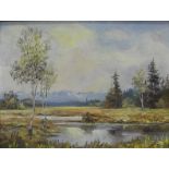 Sporer, C.Öl auf Malerpappe, Weite Landschaft mit einem Fluß, im Hintergrund Gebirgskette, rechts