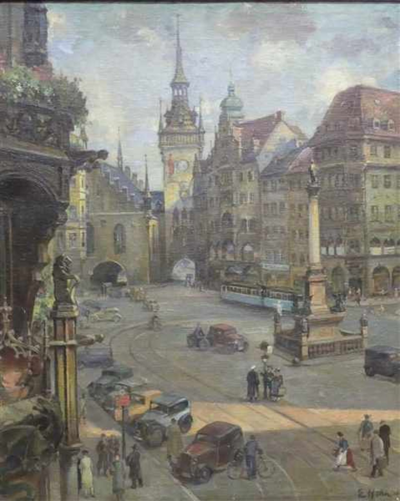 Hahn, E. 1936Öl auf Leinen, Darstellung des Münchner Marienplatzes mit Autos und Personen, rechts