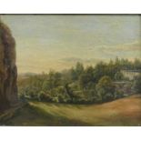 Gebhard, Albert1869 - 1937, Öl auf Holz, bewaldete Landschaft mit einer Burg, bezeichnet, 24x30