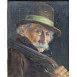 Porträtmalerei, um 1920Öl auf Holz, Porträt eines alten Jägers mit Pistole auf dem Rücken, rechts