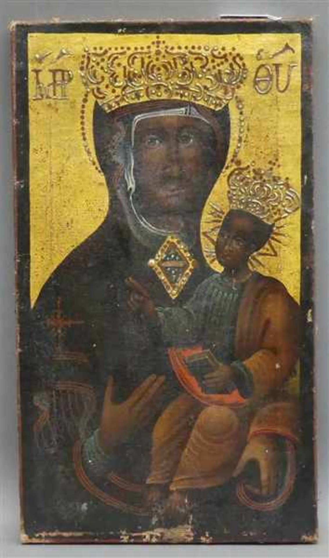 UnbekanntÖl auf Leinen, gekrönte schwarze Madonna mit Jesuskind, Mitte 19. Jh., Randbeschädigung,