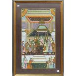 TextilmalereiIndien, Mischtechnik, Indischer Herrscher auf dem Thron, zahlreiche Personen, 69x42 cm,