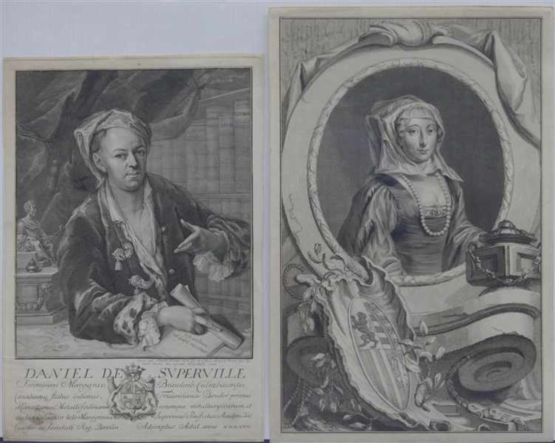Paar Kupfersticheum 1800, 1x Louise von Oranien, mit Wappen, Stammmutter der Hohenzollern, qx Daniel