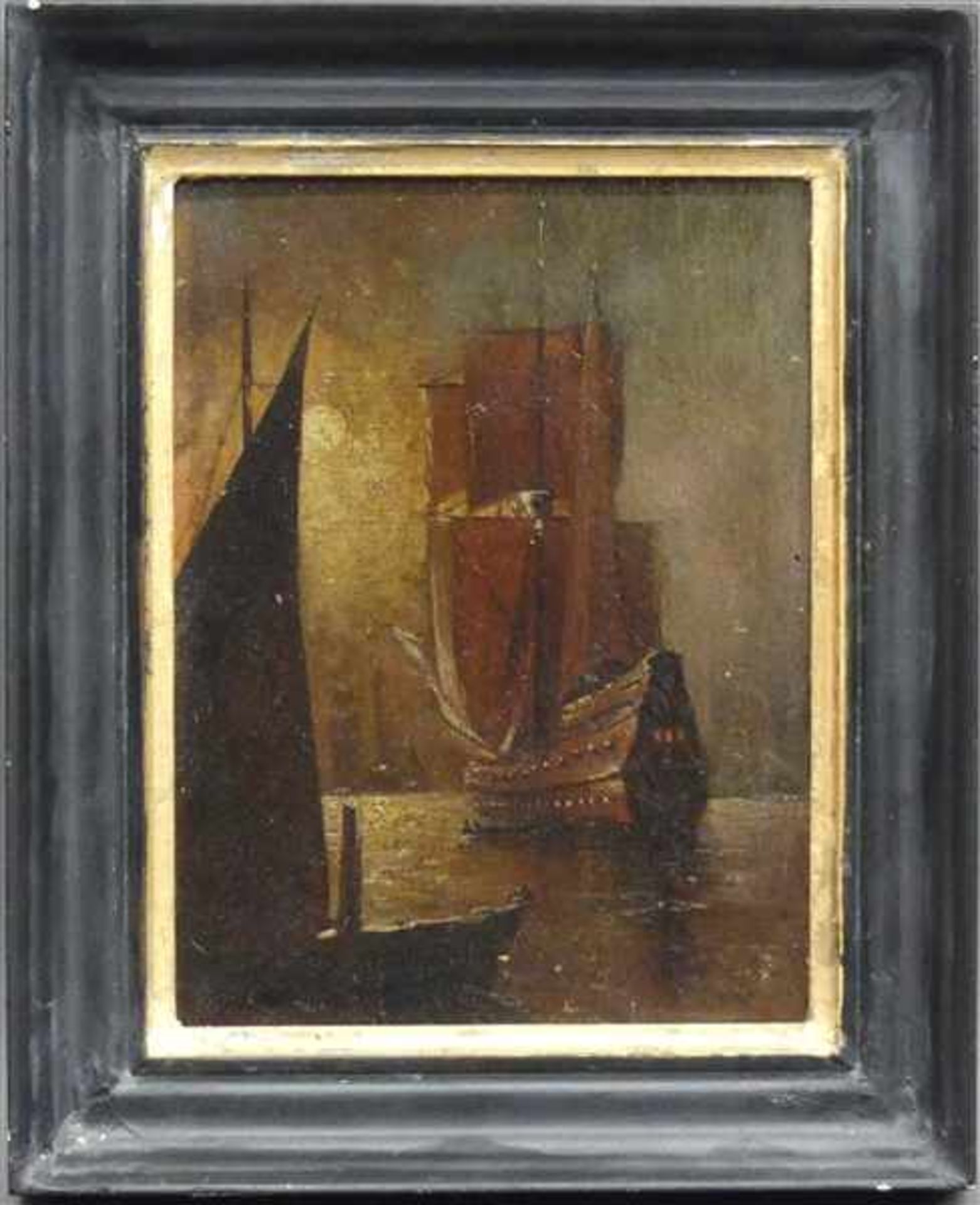 Marinemalerei, um 1900Öl auf Karton, Segelschiffe im Hafen am Morgen, 19x14,5 cm,- - -20.00 %