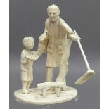ElfenbeinskulpturJapan, 19. Jh., Bauer mit Sohn bei der Arbeit, bestoßen, h 16 cm, auf