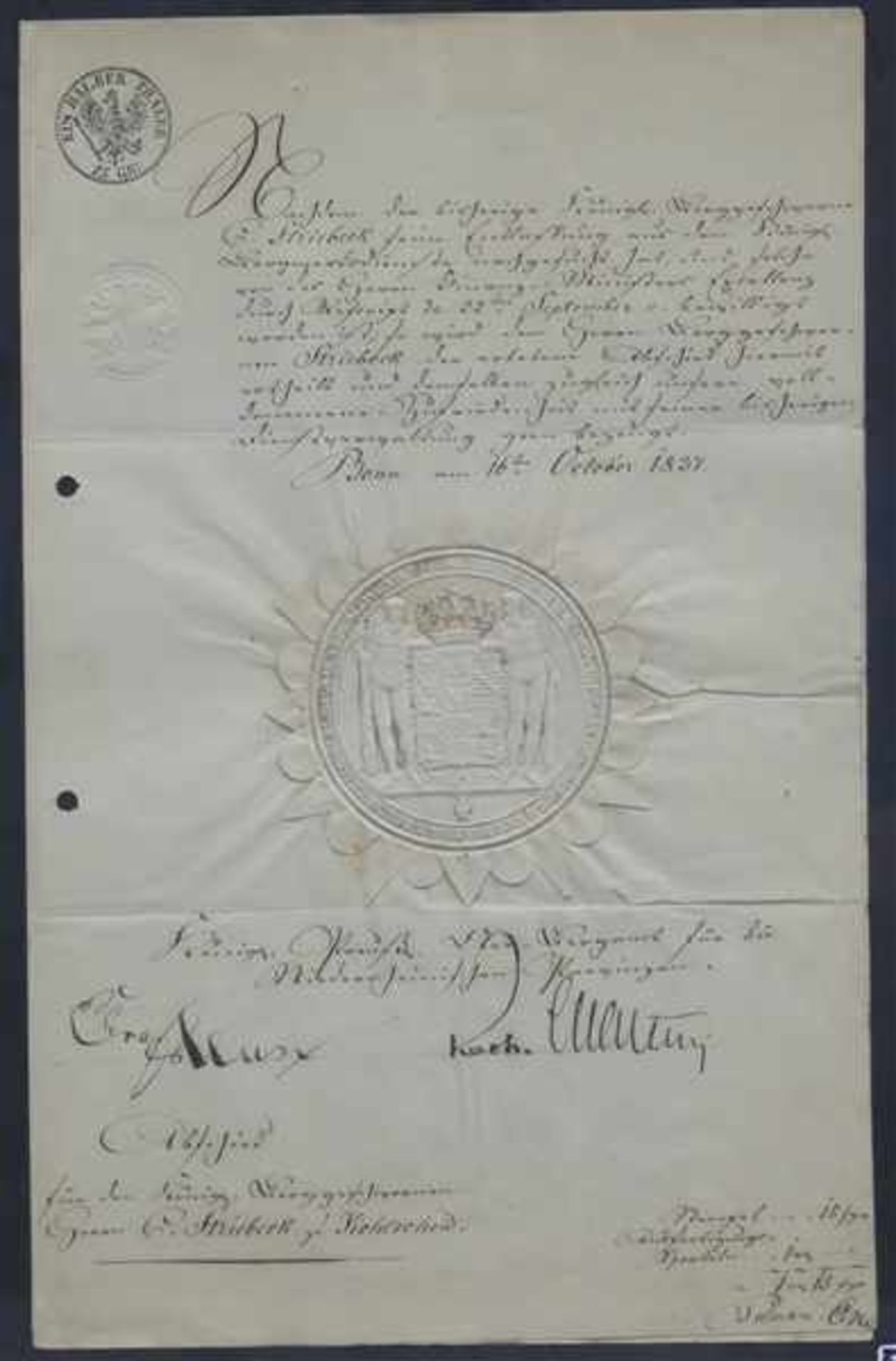 Brief mit Prägestempel, Bonn, 16. Oktober 1837, im Rahmen,- - -20.00 % buyer's premium on the hammer