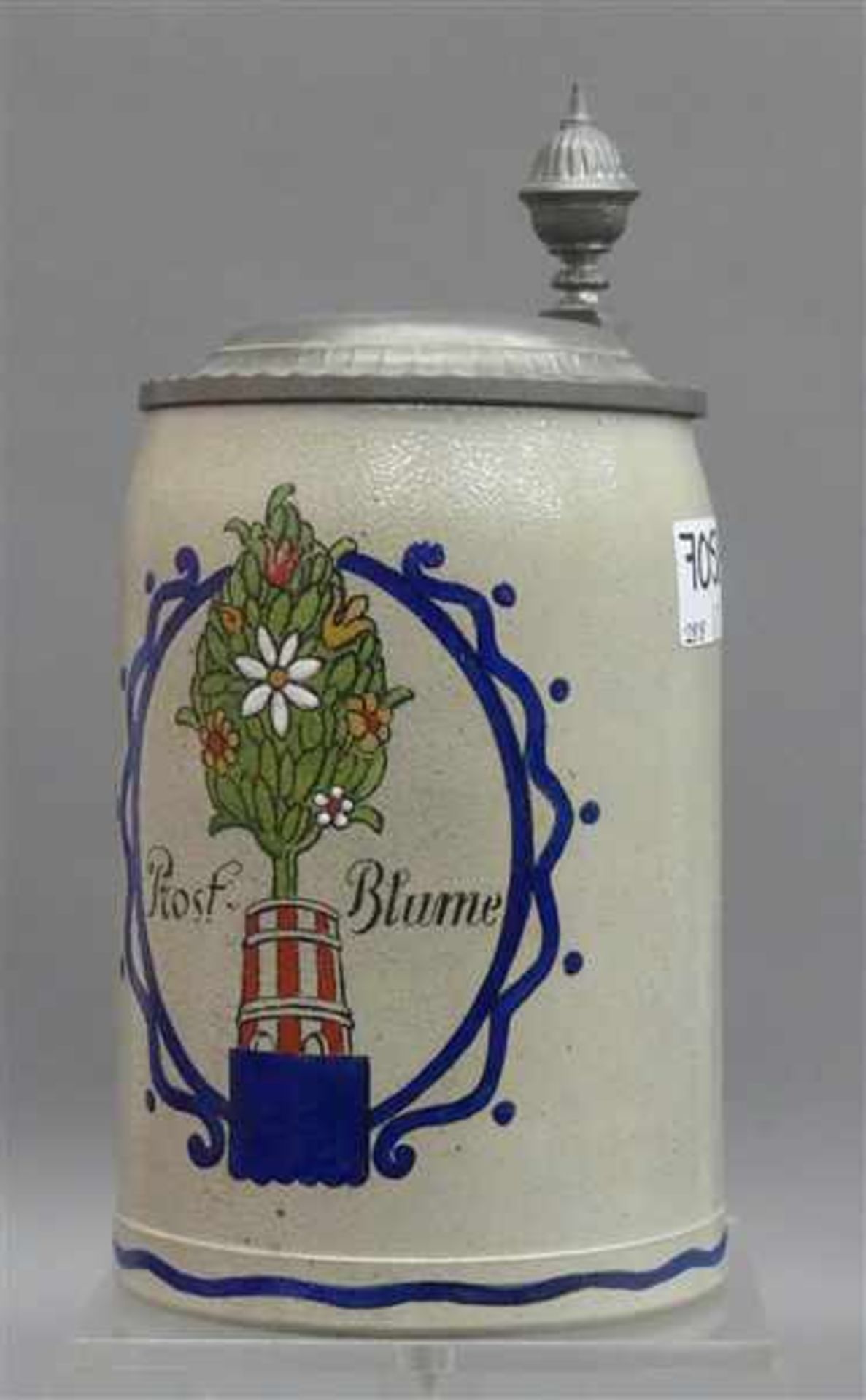 Bierkrug graues Steinzeug, Emaildekor, "Prost Blume", mit Zinndeckel, um 1900, h 19 cm,- - -20.