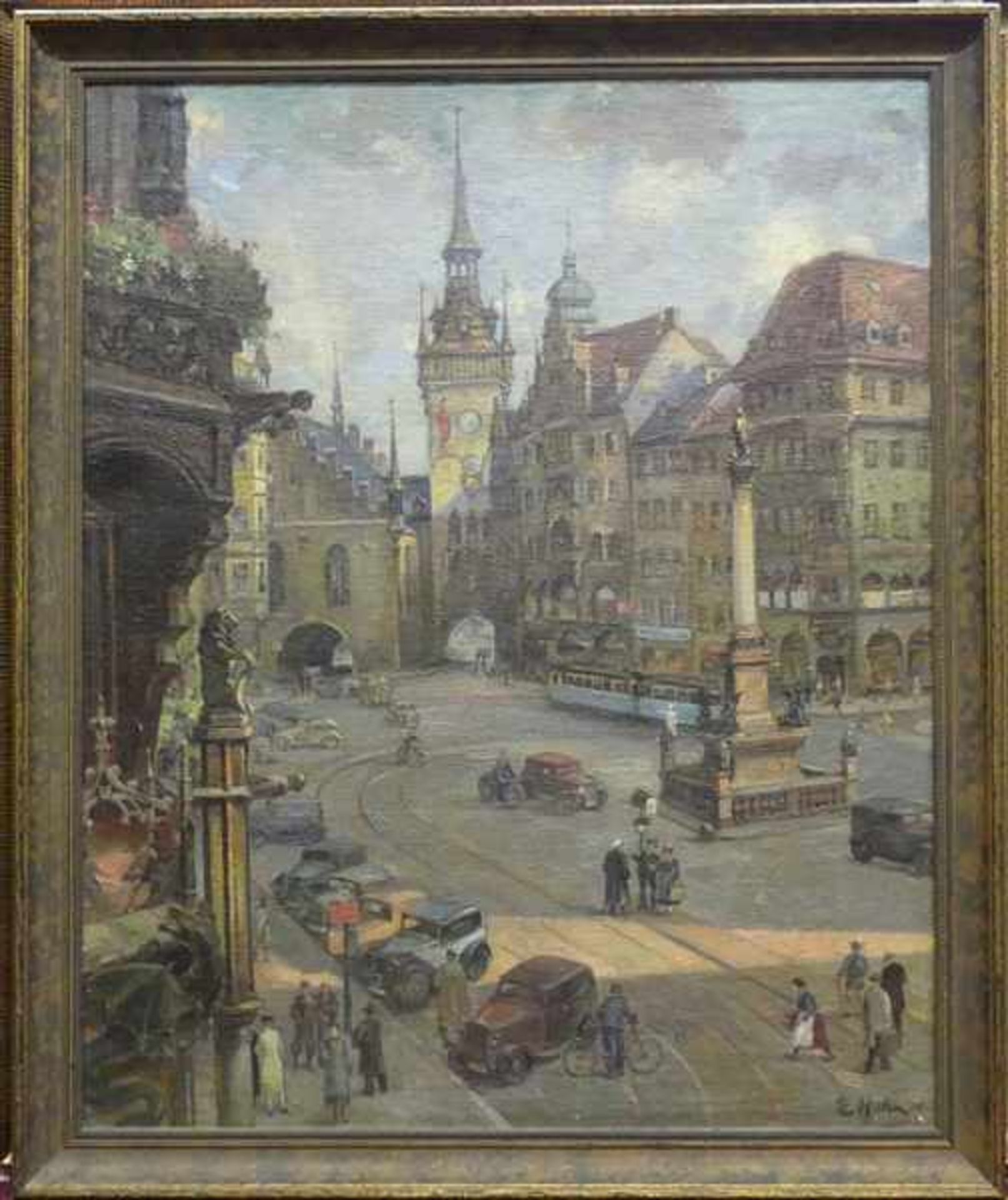 Hahn, E. 1936Öl auf Leinen, Darstellung des Münchner Marienplatzes mit Autos und Personen, rechts - Bild 2 aus 4